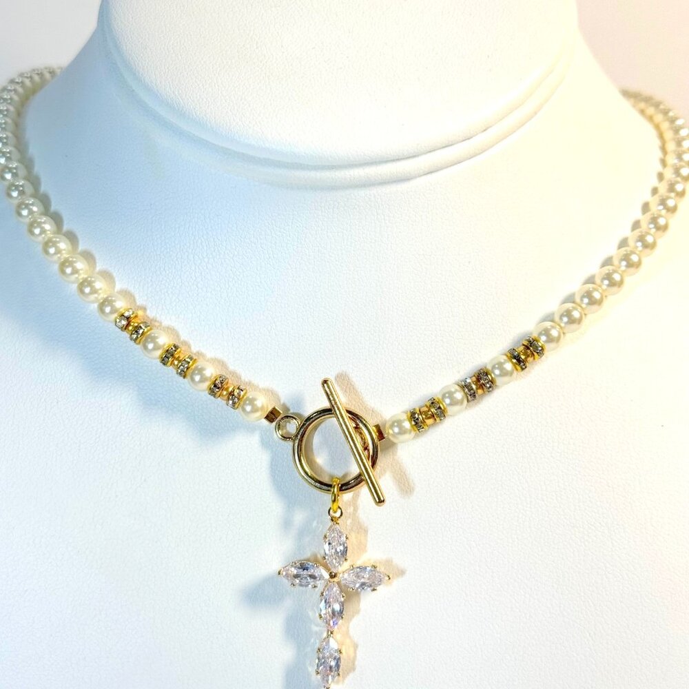Swarovski 4mm Pearls Necklace with gold plated cross , Handmade in the USA